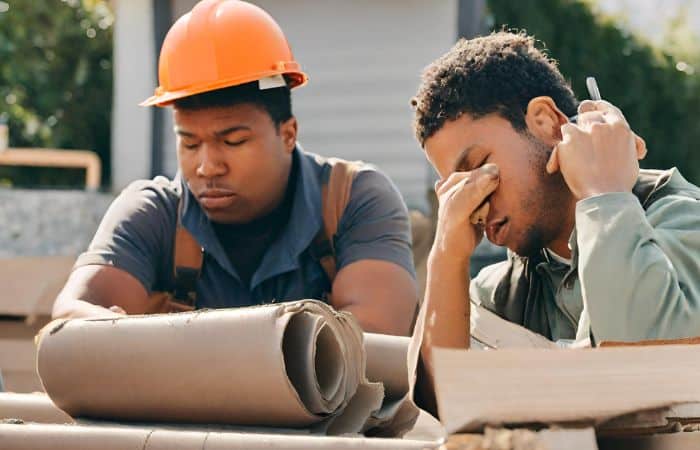 Two men looking tired while working
