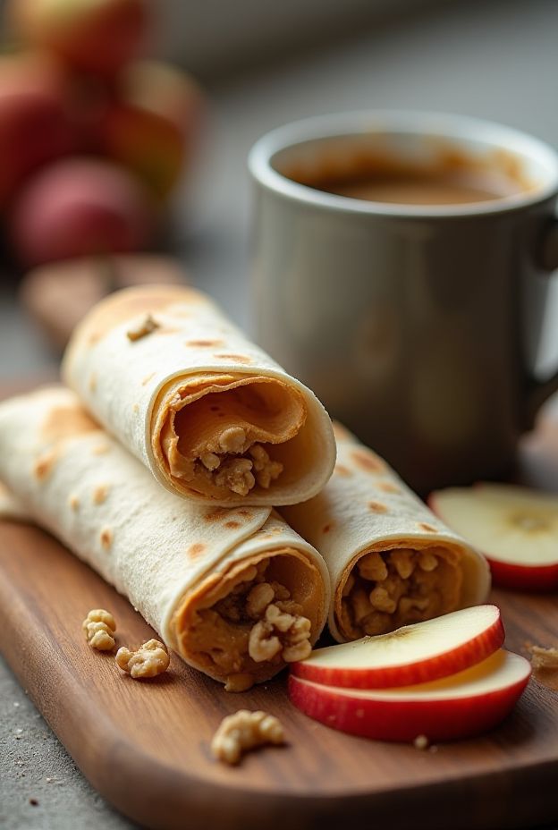 Delicious Apple & Nut Wraps; tortillas filled with apples, peanut butter, and walnuts, perfect for camping snacks.