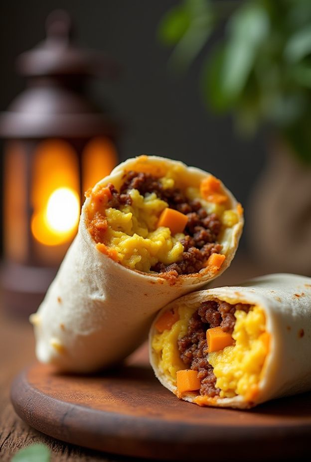 Hearty breakfast burritos filled with eggs, cheese, and sausage, perfect for camping meals.