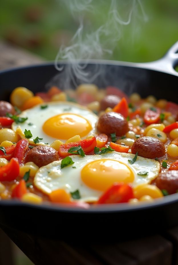 A delicious breakfast skillet featuring scrambled eggs with sausage, potatoes, and bell peppers, perfect for camping meals.