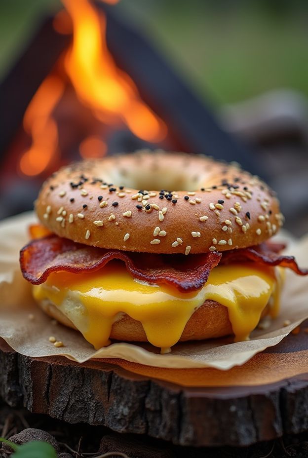 Campfire bagel sandwich stuffed with eggs, bacon, and cheese, perfect for camping meals.