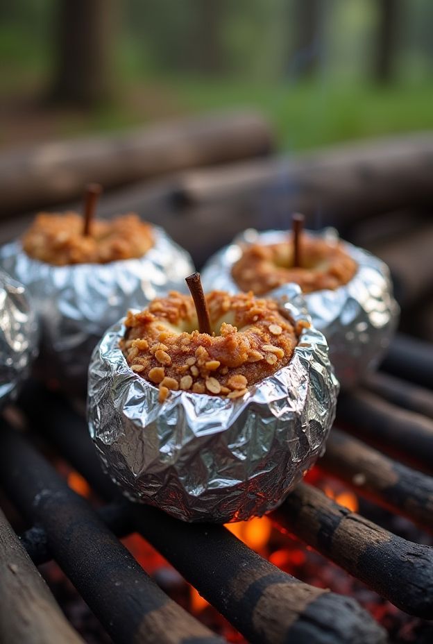 Campfire Baked Apples filled with cinnamon, sugar, and oats, wrapped in foil, ready to roast over a campfire.