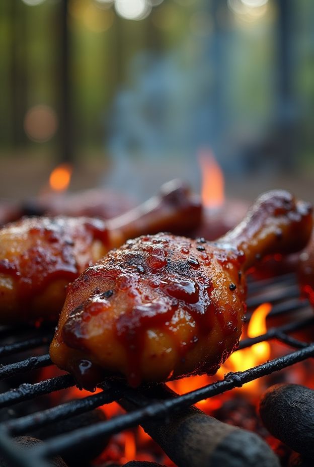 Campfire BBQ chicken legs grilling over an open flame, showcasing delectable smoky flavors and a rich BBQ glaze.