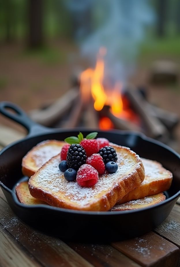 Delicious Campfire French Toast made with egg-dipped bread and topped with fresh berries, perfect for outdoor breakfast.