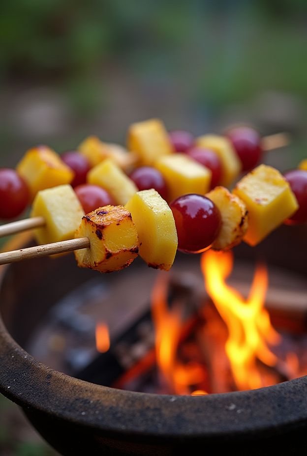 Campfire fruit skewers with pineapple, apples, and grapes, roasted for a delicious outdoor treat.