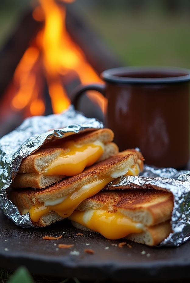 Campfire Grilled Cheese: Toasted bread filled with melted cheese, cooked in foil, perfect for camping nights.