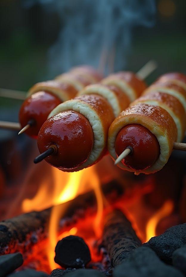 Campfire Hotdog Twists: Delicious bread dough wrapped around hotdogs, cooked over an open fire for a fun camping meal.