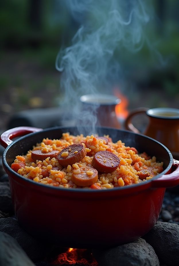 Campfire jambalaya featuring spicy rice, sausage, and chicken, steaming in a red cooking pot outdoors.