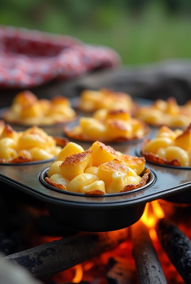 Delicious Campfire Mac & Cheese Cups baked in muffin tins, perfect for camping meals.