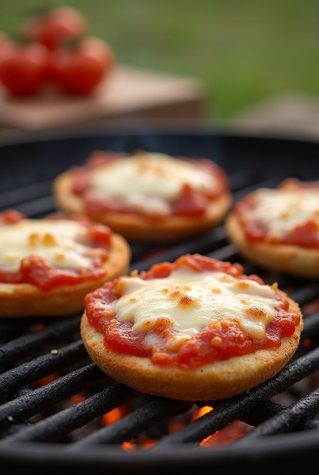 Campfire Mini Pizzas made with English muffins, topped with sauce and cheese, cooking over an open fire.