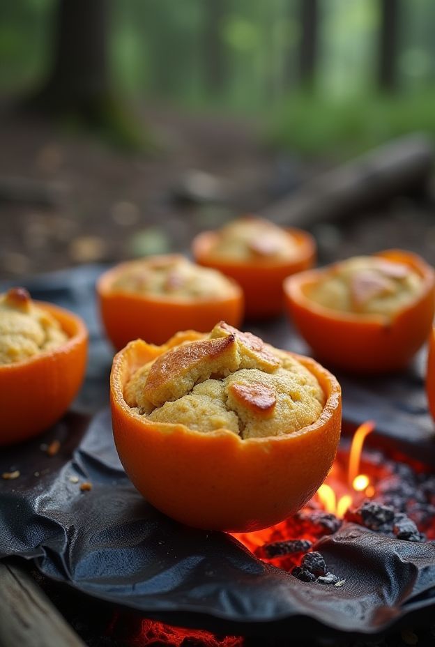 Unique campfire muffins baked in hollowed oranges, featuring a deliciously gooey texture and citrus flavor for outdoor enjoyment.