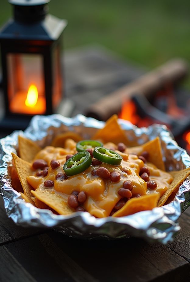 Campfire nachos with cheese, beans, and jalapeños melted in foil, perfect for outdoor camping snack.