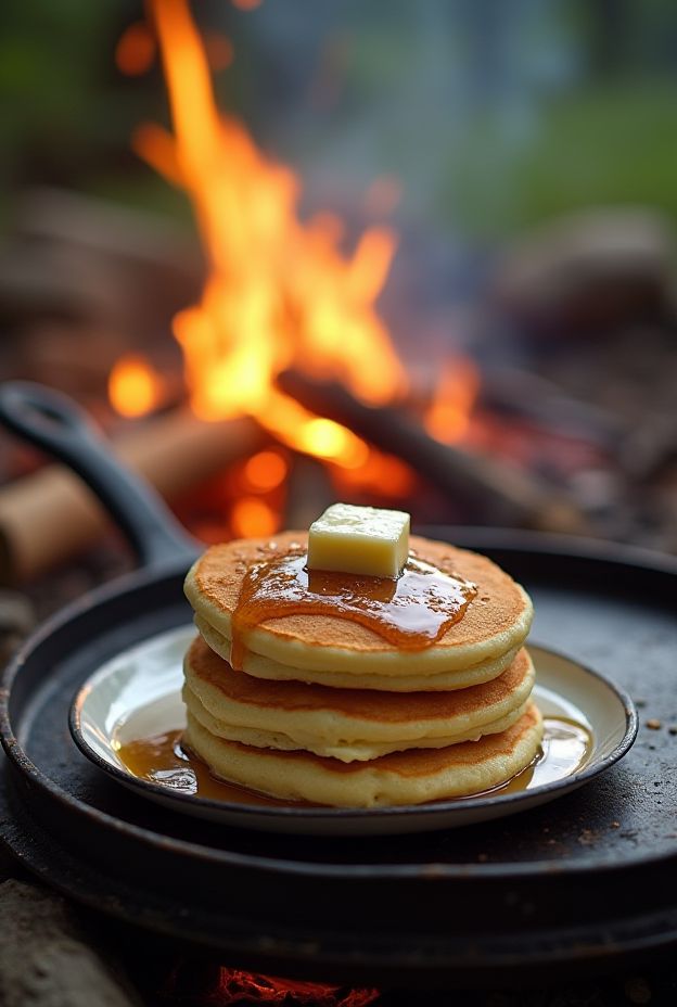 Campfire pancakes cooking on skillet over an open fire, topped with butter and syrup.