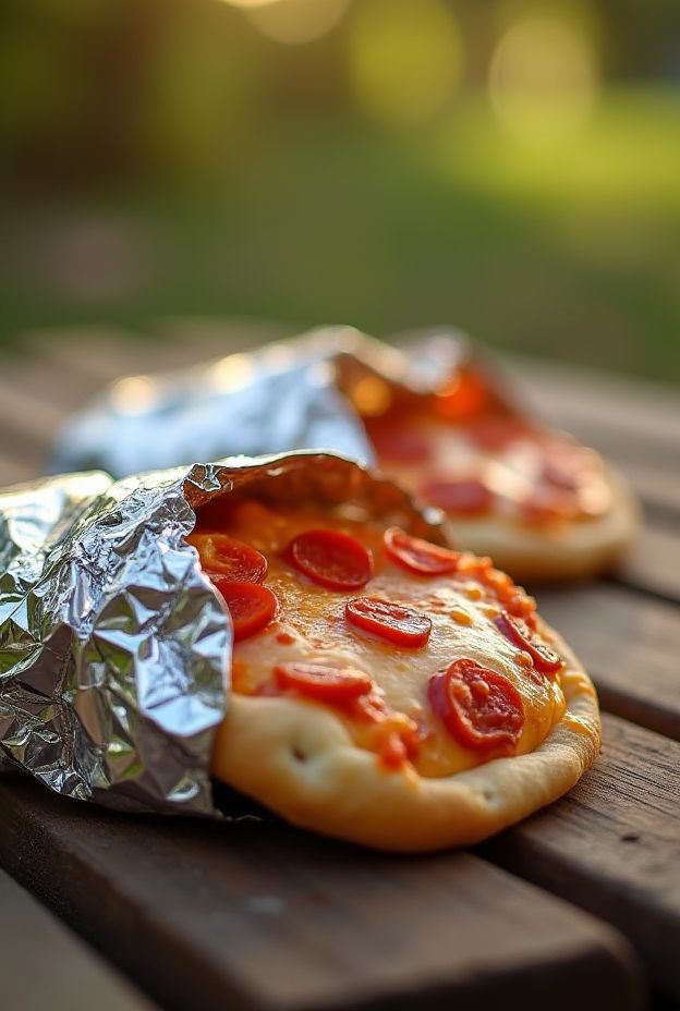 Delicious Campfire Pizza Pockets filled with cheese and pepperoni, grilled in foil for a tasty outdoor meal.