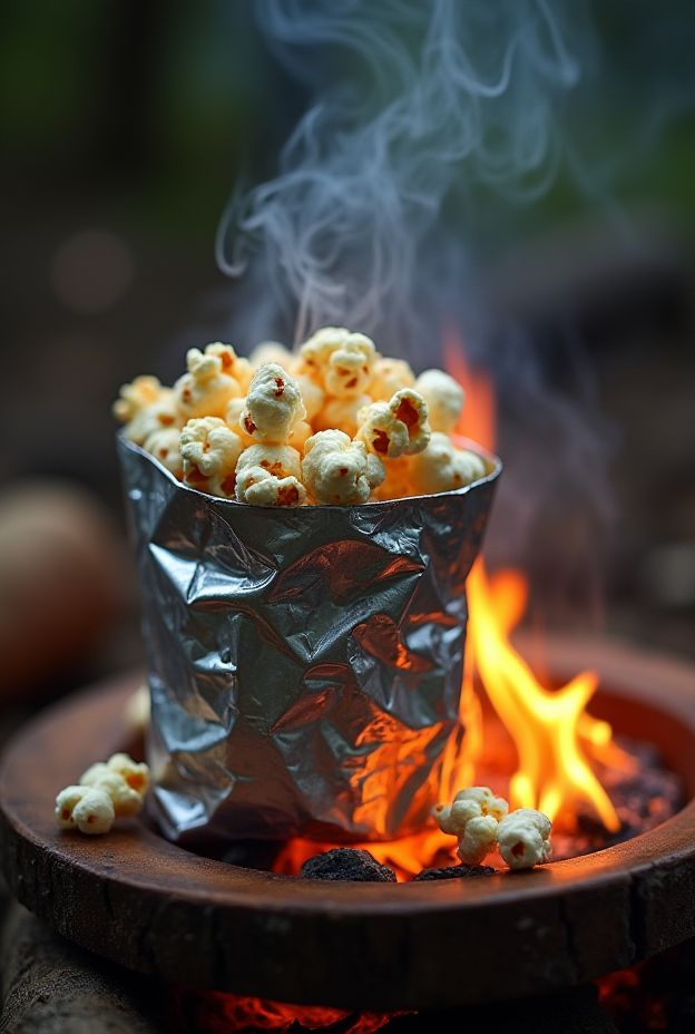 Campfire popcorn popping in foil over an open fire, creating a delicious outdoor snack experience.