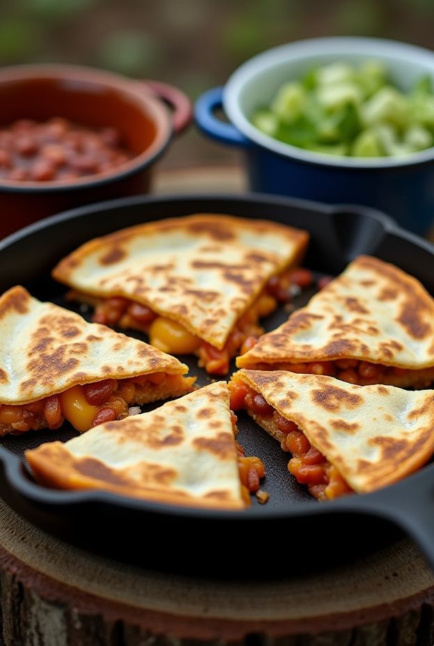 Campfire quesadillas with melted cheese and beans in a skillet, perfect for outdoor cooking.