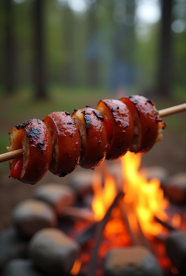 Campfire recipe featuring skewered smoked sausage slices with peppers and onions, perfect for outdoor dining.