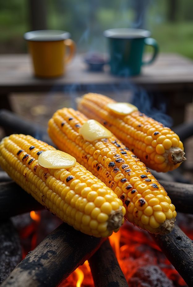 Grilled Charred Corn on the Cob with butter by the campfire, perfect for outdoor cooking adventures.