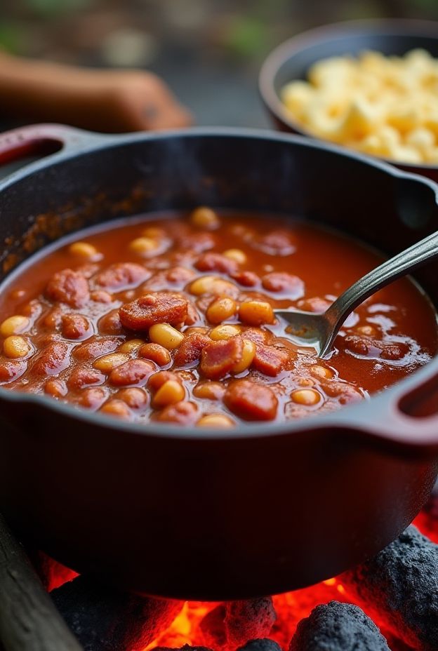 Cowboy Baked Beans in cast iron pot over campfire coals with beans, bacon, and molasses for a hearty meal.