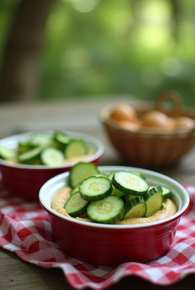 Crisp cucumber slices paired with creamy hummus, ideal for a refreshing camping snack.