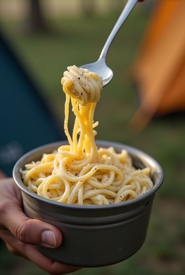 Lightweight and creamy dehydrated pasta Alfredo dish perfect for camping enthusiasts.