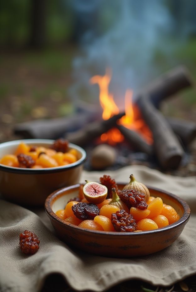 A vibrant medley of dried apricots, raisins, and figs served in rustic bowls around a campfire.