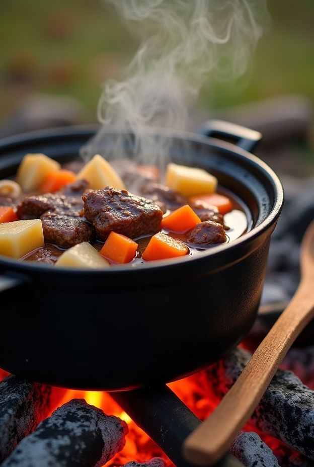Dutch Oven Beef Stew with potatoes and carrots simmering over a campfire, a perfect camping meal.