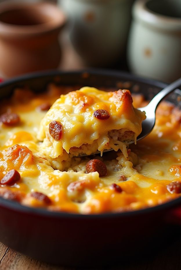 A delicious Dutch Oven Breakfast Casserole featuring eggs, hash browns, and melted cheddar cheese, perfect for camping.