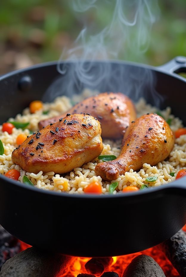 A delicious Dutch oven chicken and rice meal cooked outdoors, featuring crispy chicken thighs and seasoned rice with vegetables.