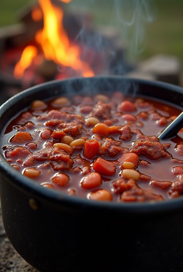 Hearty Dutch Oven Chili with beans, ground beef, and spices, perfect for camping meals around the campfire.