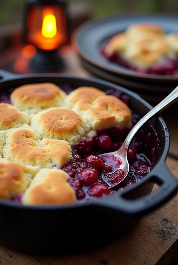 Dutch Oven Berry Cobbler Recipe with fresh berries and biscuit topping, perfect for camping dessert.