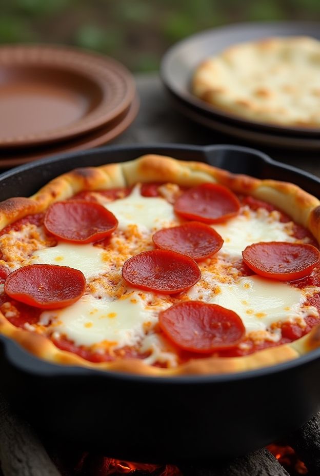 Delicious Dutch Oven Pizza Bake featuring biscuit dough, cheese, sauce, and pepperoni, perfect for camping meals.