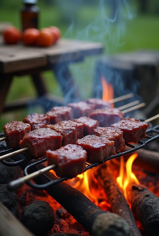 Savory fire-grilled steak skewers with marinated beef cubes cooking over an open flame, perfect for camping.