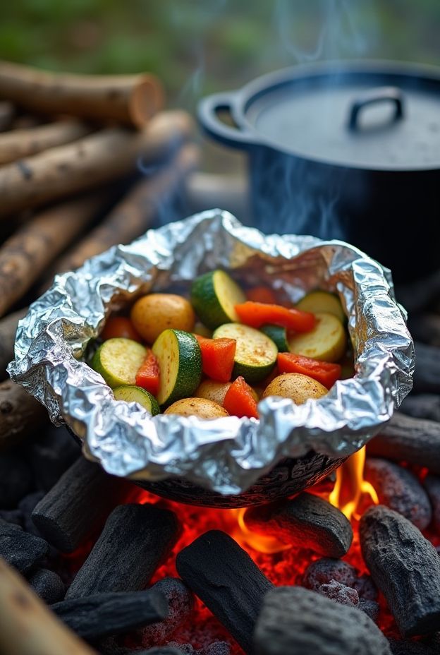 Delicious Foil-Packet Veggie Medley with zucchini, bell peppers, and potatoes prepared over campfire.