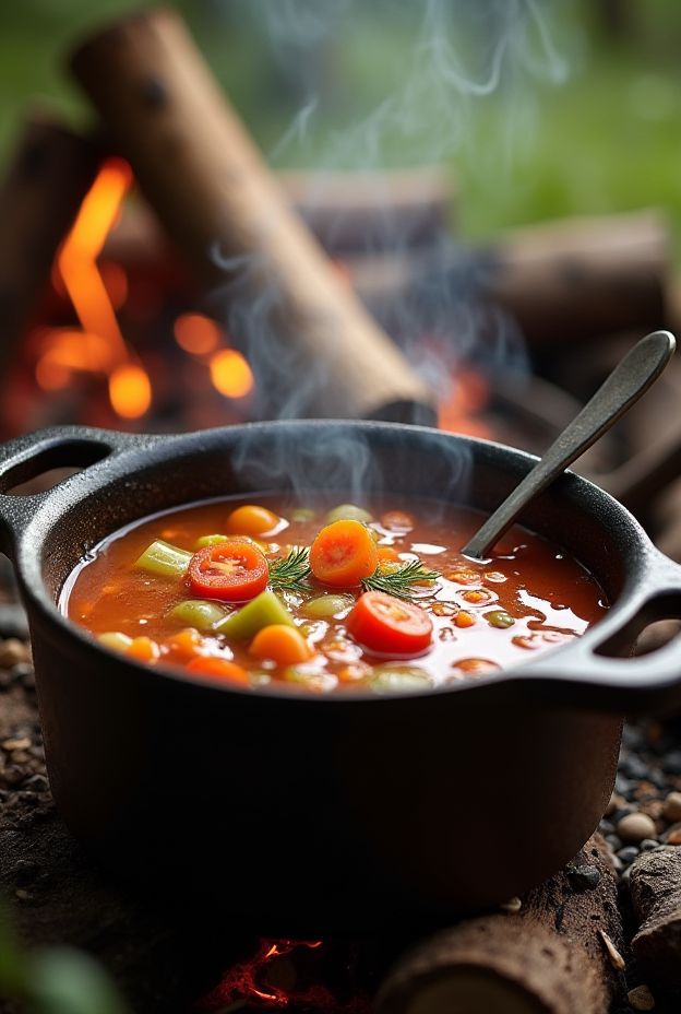 Hearty campfire tomato-based veggie soup with carrots and celery simmering outdoors.