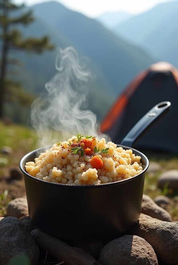 Easy camping recipe: Instant Couscous with dried veggies, quick meal preparation with hot water for outdoor adventures.