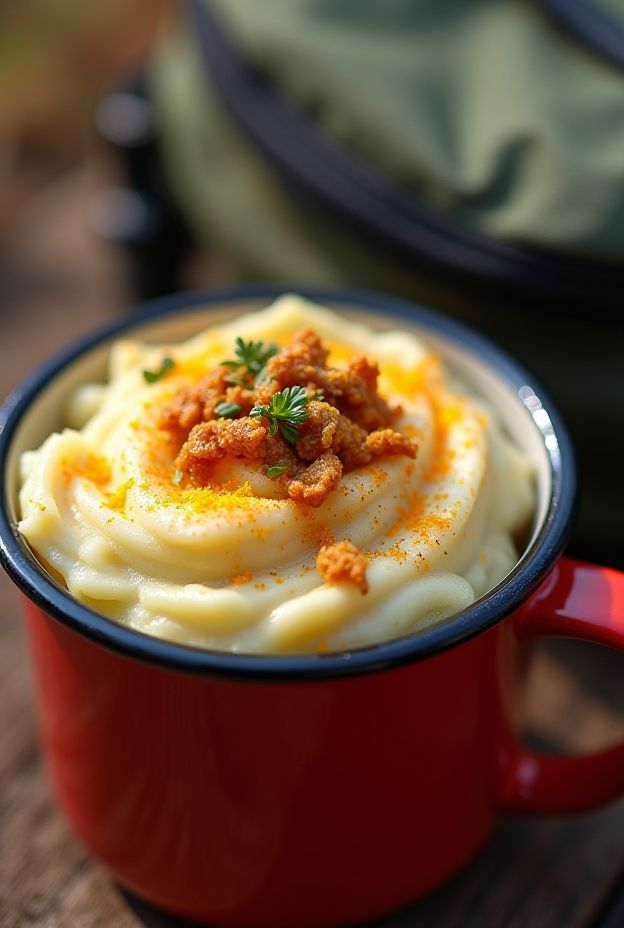 Easy instant mashed potato bowl with dehydrated veggies and cheese, perfect for camping meals.