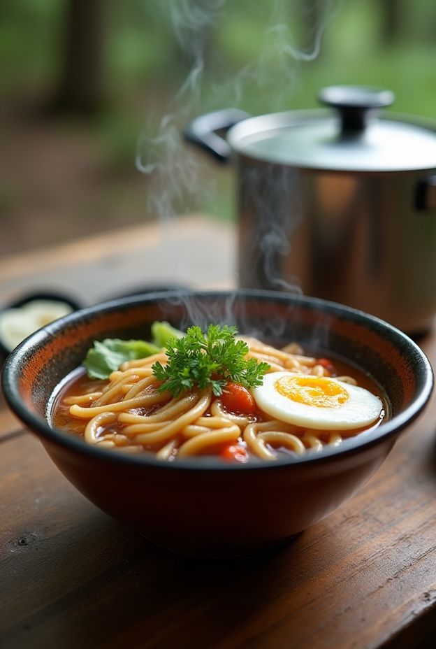Delicious upgrade of instant ramen with egg, vegetables, and soy sauce, perfect for camping meals.