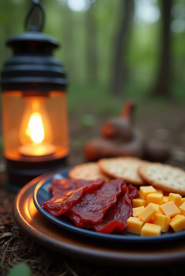 A delicious Beef Jerky and Cheese Snack Pack set against a rustic camping backdrop perfect for outdoor adventures.