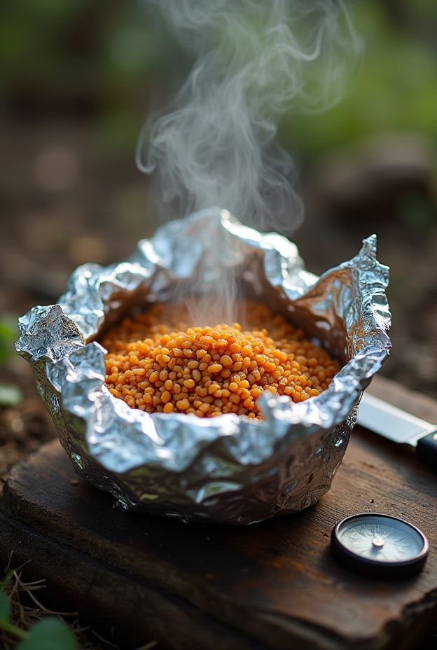 Lentil & Rice Trail Meal prepared in aluminum foil, steaming hot and ready to enjoy while camping.