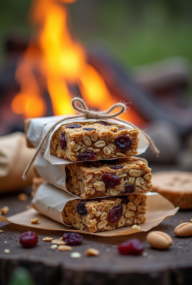 No-bake granola bars made with oats, honey, nuts, and dried fruit, perfect for camping snacks.