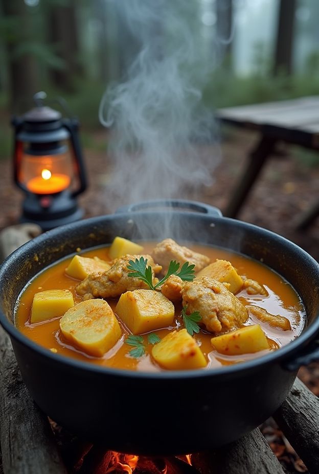 A steaming pot of campfire chicken curry with potatoes ready for outdoor dining.