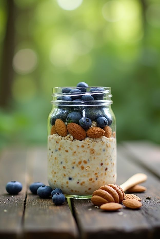 A jar of overnight oats topped with blueberries and almonds, perfect for a camping breakfast.