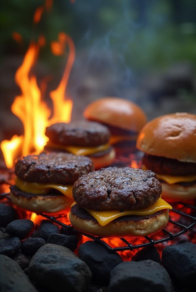 Delicious rustic campfire burgers with melted cheese, grilled over an open flame and served on toasted buns.