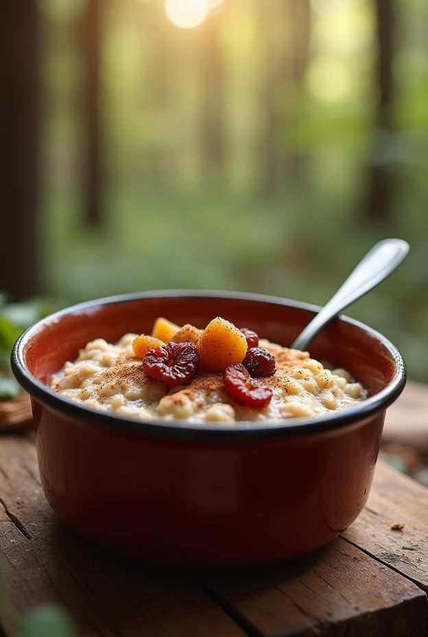 Rustic oatmeal topped with dried fruits and cinnamon, prepared for a camping breakfast.