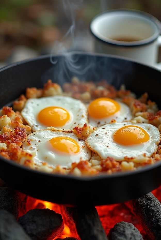 Hearty skillet hash browns topped with sunny side-up eggs, perfect for camping meals.