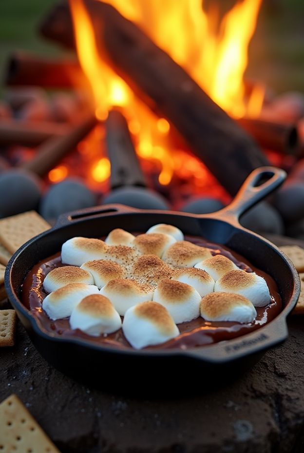 A delicious campfire S'mores Dip with melted chocolate and toasted marshmallows, served with graham crackers.