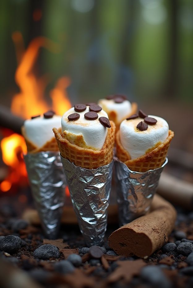 Stuffed marshmallow cones filled with chocolate chips, perfect for camping treats over a campfire.