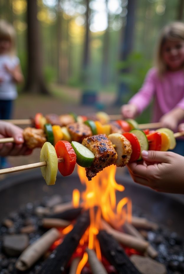 Build-Your-Own Skewers with meats, veggies, and fruits, perfect for a fun camping night by the fire.