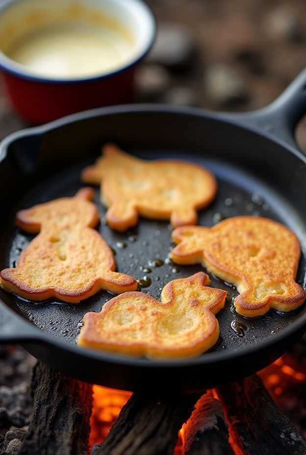 Campfire pancakes shaped like animals, perfect for a fun outdoor breakfast.